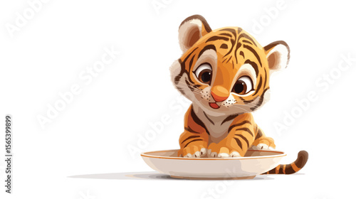 Cute Cartoon Baby Tiger Sitting Happily Isolated on White Background
