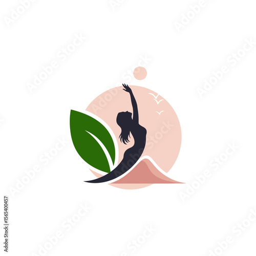 Silhouette of woman reaching up with leaf and pink circle design for women's wellness concept