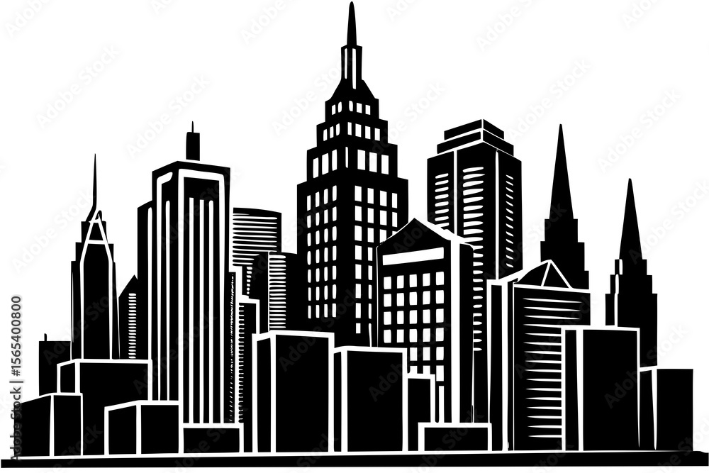 Obraz premium Majestic Cityscape A Black and White Illustration of a Modern Metropolis