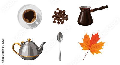 Still life featuring coffee cup beans cezve teapot spoon and autumn leaf on a white background scene