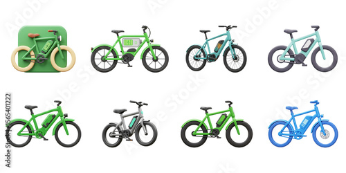 Electric Bike Collection: A vibrant collection of electric bicycles, showcasing various designs, colors, and styles against a clean backdrop, perfect for illustrating transportation.