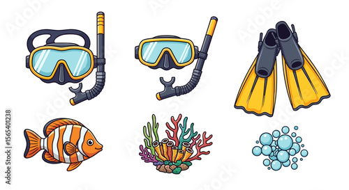 Cartoon scuba diving equipment set with mask snorkel fins clownfish coral and bubbles illustration
