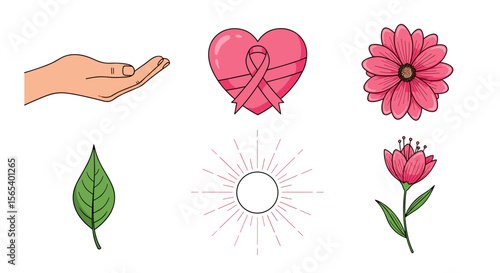 Illustration featuring a hand, heart with ribbon, flowers, leaf, and sunburst design elements arranged nicely