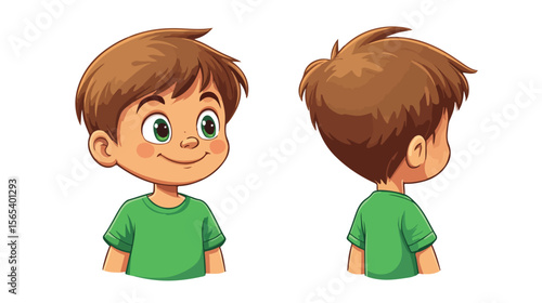 Cute Cartoon Child's Head with Smiley Face Wearing Green T-Shirt