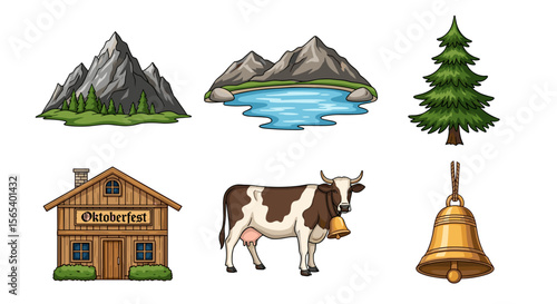 Illustration of mountains, lake, tree, oktoberfest house, cow with bell, and hanging bell image