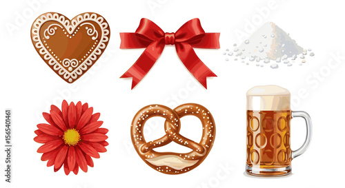 A collection of oktoberfest themed items including a pretzel beer and a heart shaped gingerbread cookie