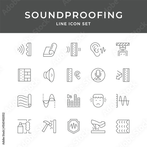 Soundproofing Line Icon Set – Acoustic, Noise, Insulation, Wall, Barrier, Studio, Panel, Minimal Vector Collection