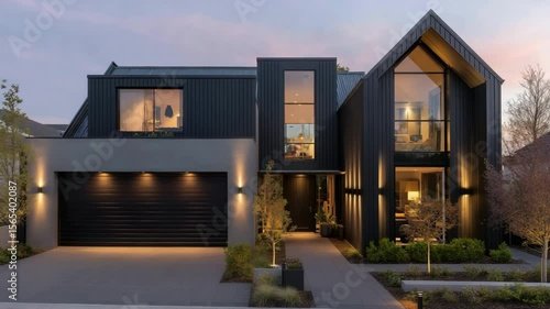 Wallpaper Mural Modern, sleek black house in a peaceful area with a paved driveway and a planted lawn Torontodigital.ca