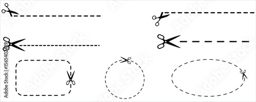 Vector Illustration of Scissors Cutting Dashed Lines and Shapes – Coupon and Craft Concept