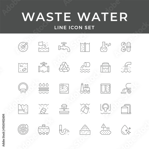 Waste Water Line Icon Set – Treatment, Sewage, Drain, Pollution, Filtration, Recycle, Clean, Minimal Vector Collection