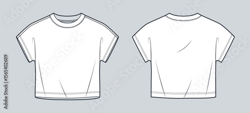 Grown-On Sleeve T-Shirt technical fashion illustration. Cropped Tee Shirt fashion flat technical drawing template, front and back view, white, loose fit, crew neck, women, men, unisex Top CAD mockup.