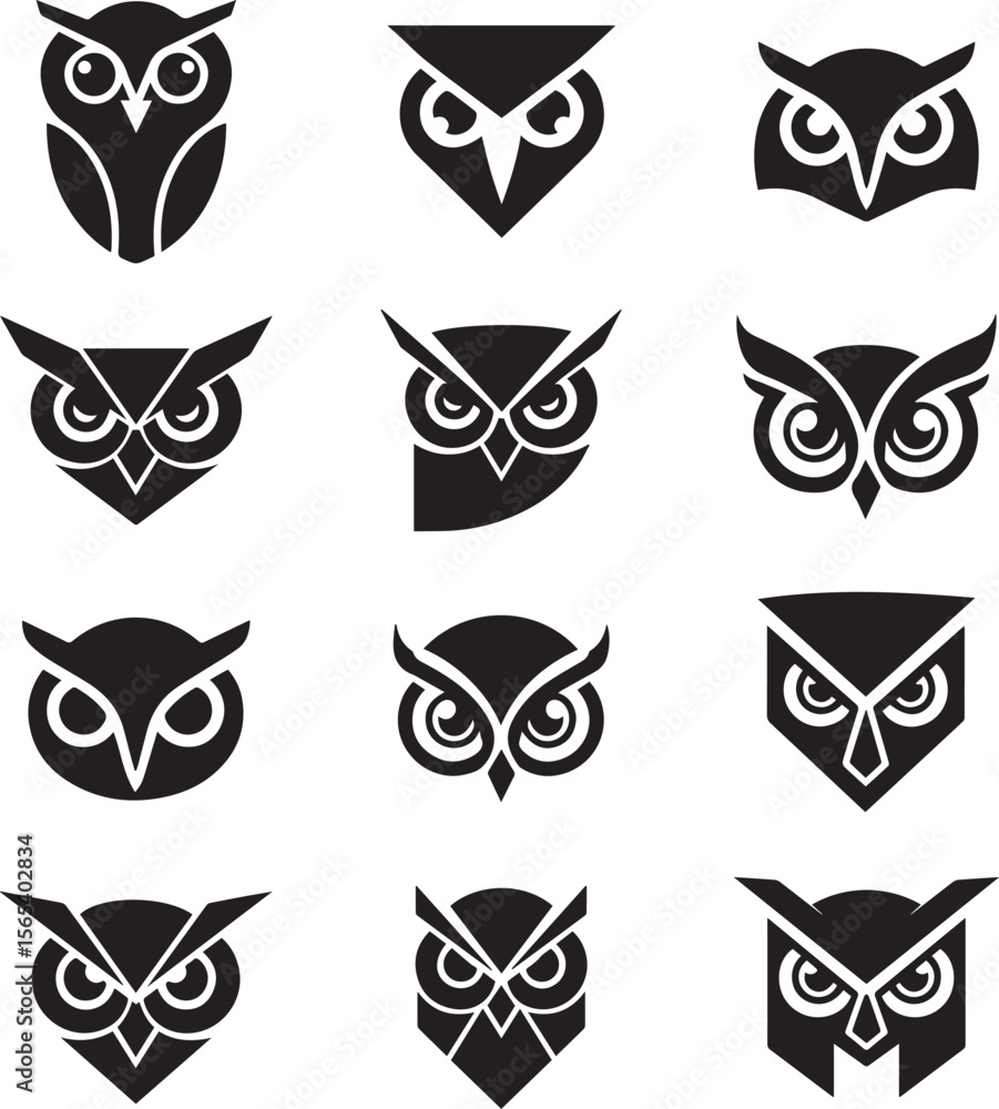 Diverse Owl Face Silhouette Vector Icons Collection Diverse Owl Face Silhouette Vector Icons Collection