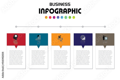 Flat business infographic with five colorful steps for planning and development. Clean, modern layout ideal for presentations, marketing reports, and project visuals.
