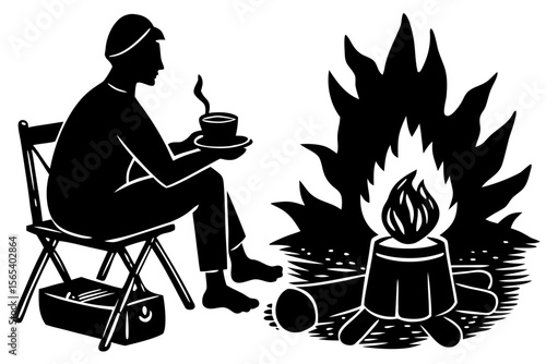 Silhouette of a Person Relaxing by a Campfire with a Warm Drink