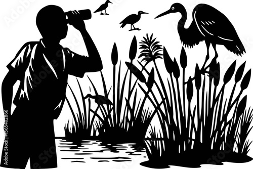 Birdwatching Enthusiast Observing Wildlife in Wetland Habitat