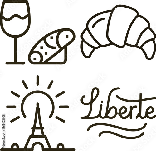 French icons featuring eiffel tower croissant wine and libert text