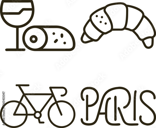 Simple line art icons representing parisian lifestyle with wine croissant bicycle and paris text