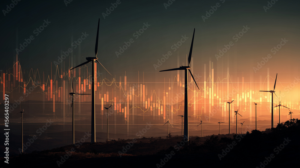 Obraz premium Futuristic landscape of wind energy production visualized with financial data and performance charts at sunset energy forecast, sustainable economy, climate tech, green transition,