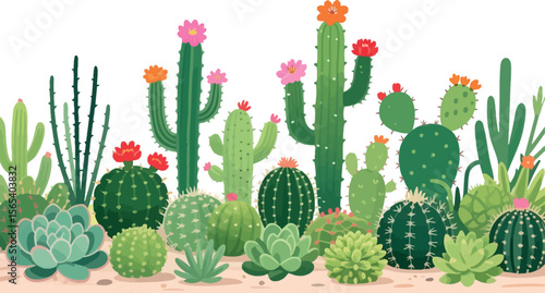 Botanical Beauty: A Vibrant Collection of Cacti and Succulents in a Desert Landscape Illustration that Celebrates Nature's Resilience
