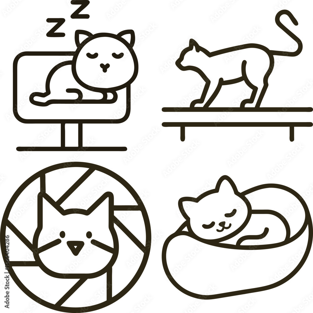 Fototapeta premium Set of four simple line art icons depicting cats in various activities and sleeping positions