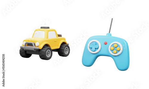 RC Car and Controller: A vibrant yellow off-road RC car next to its matching light-blue controller, perfect for fun and recreation, with a focus on playfulness.