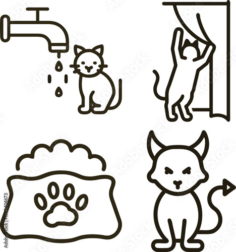 Set of four simple line art icons depicting cat behavior and needs