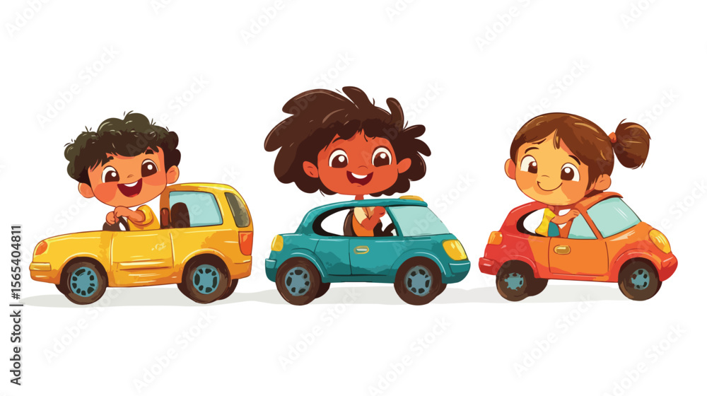 Cheerful Cartoon Kids in a Car - Flat Vector Illustration Cheerful Cartoon Kids in a Car - Flat Vector Illustration