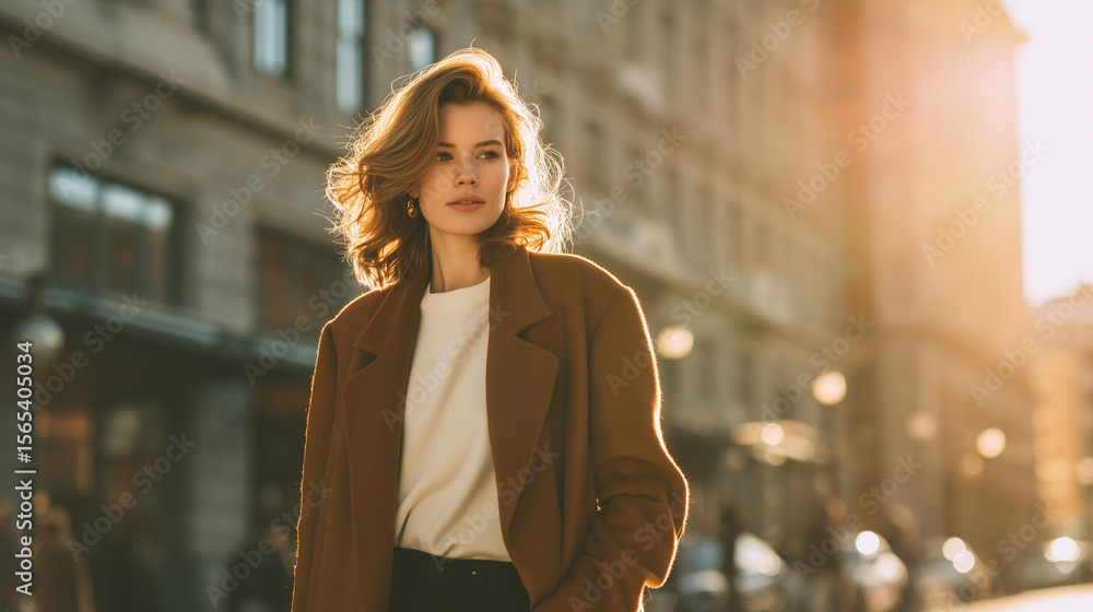 Fototapeta premium Stylish young woman in a brown coat walking confidently through the city at golden hour, sunlight in the background urban fashion, golden hour, brown coat, modern elegance, city li