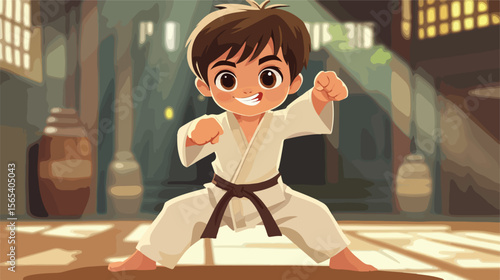 Cartoon Little Boy Practicing Karate - Flat Vector Illustration
