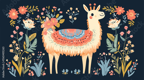 Cheerful Cartoon Llamas with Vibrant Floral Patterns Vector Illustration