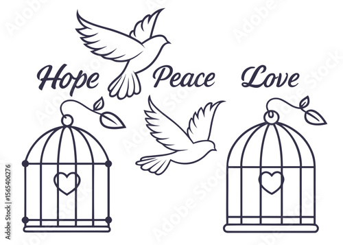 Minimalist Design Featuring Doves Birdcages and Positive Words Hope Peace and Love in Black and White