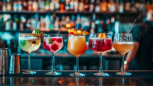 A set of stylish cocktails stands ready on a bar, inviting guests for a night out. Modern cocktails arranged on a bar, creating an inviting and visually appealing scene for celebration, leisure party.