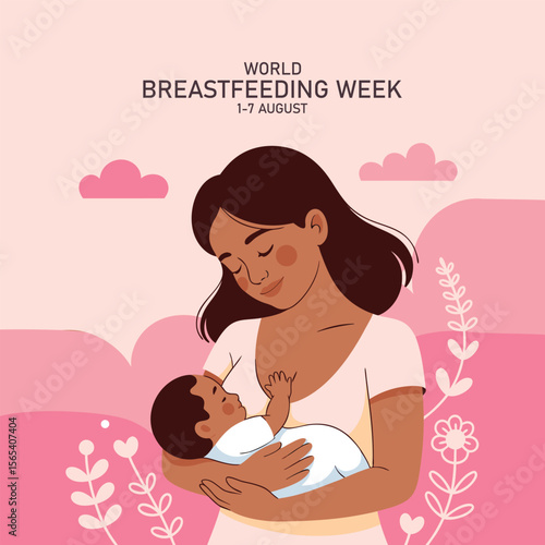 World Breastfeeding Week banner with Mom Breastfeeding baby on pink background vector design