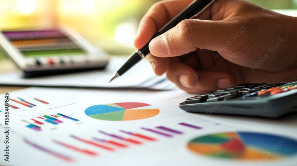 Flat lay of business reports, graphs, and a calculator, neatly arranged emphasizing financial planning and office work Flat lay of business reports, graphs, and a calculator, neatly arranged emphasizing financial planning and office work