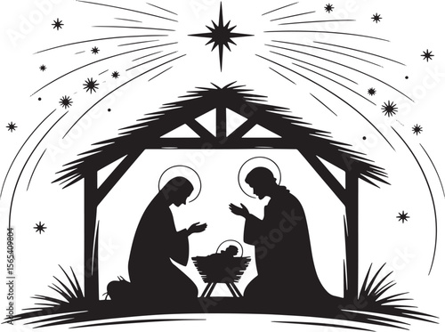 Nativity Scene Silhouette with Mary Joseph and Jesus
