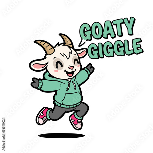 Cartoon Playful Goat in Hoodie Jumping with Goaty Giggle Text