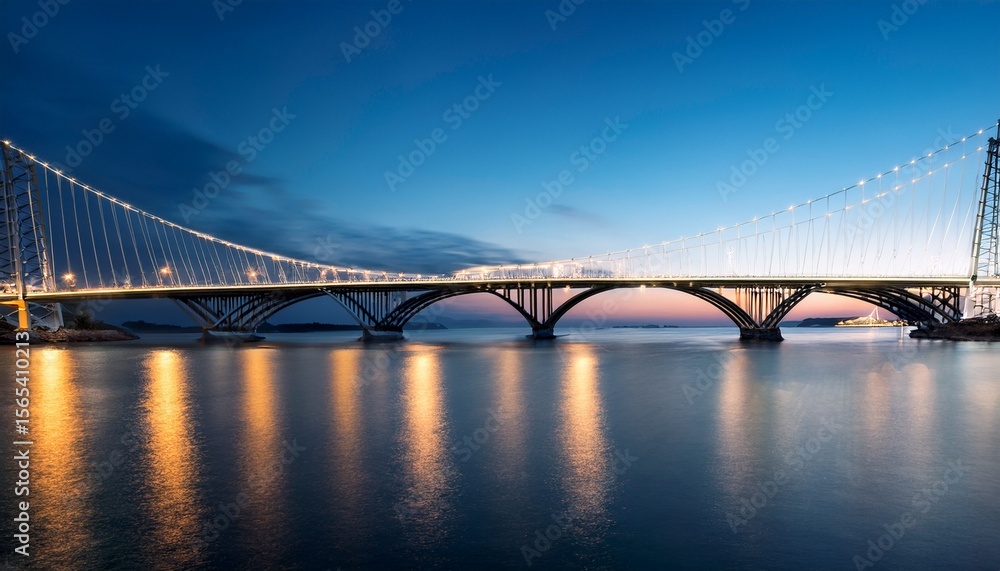 Fototapeta premium illuminated bridge over water at dusk with arched support structure