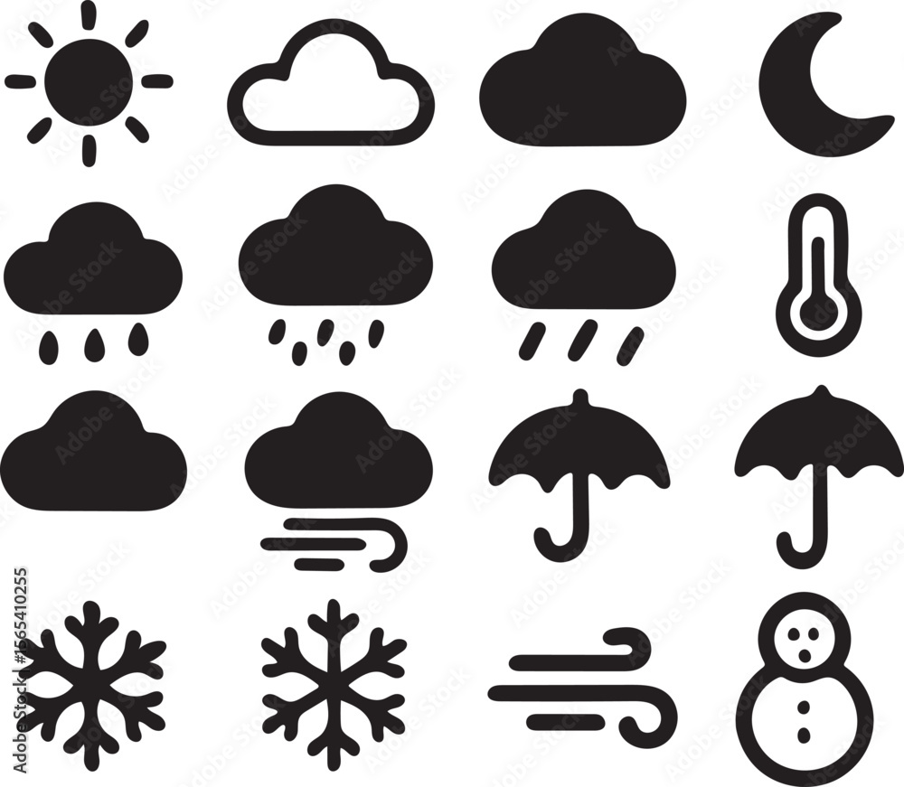 Collection of weather icons in a simple black silhouette style Collection of weather icons in a simple black silhouette style