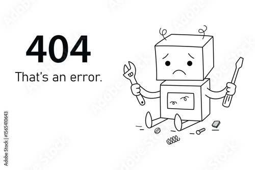404  error page, broken robot isolated in white background