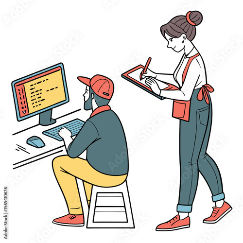 Developer and Designer Collaboration – Flat Vector Illustration of Programmer and Artist at Work