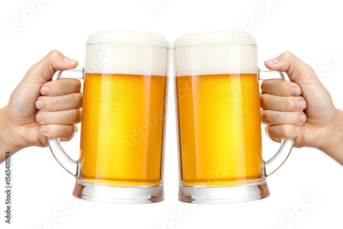 Two hands holding frothy beer mugs cheersing each other over white background