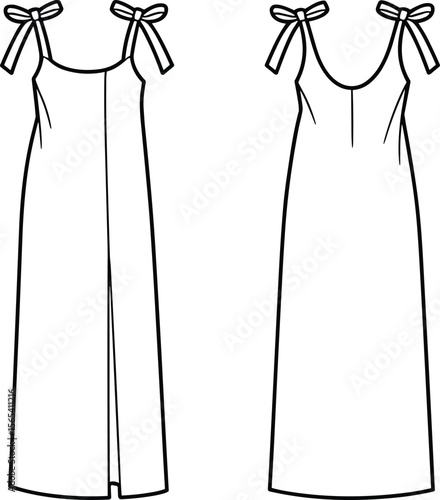 Women's Fashionable Midi Slip Dress with Tie-Shoulder Straps, Elegant Relaxed Fit Summer Sundress Design, Apparel Vector Flat Sketch Template for Designers.