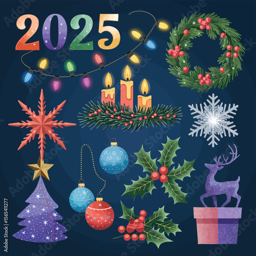 vector Happy New Year Celebrating 2025 in Latin letters , Christmas Decoration Items Santa Claus