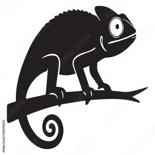 A chameleon is perched on a branch, isolated on white background
