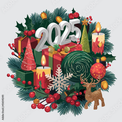 vector Happy New Year Celebrating 2025 in Latin letters , Christmas Decoration Items Santa Claus