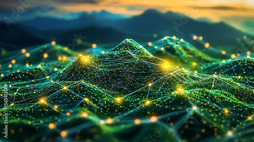 A mountain range is shown in a green and yellow color scheme