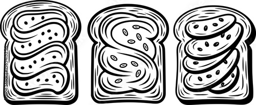 Bold linocut black-and-white vector of avocado toast slice with spread and seed garnish, ideal for summer-themed designs