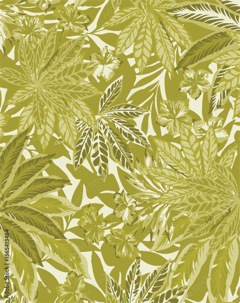 Naklejka premium Tropical beige, green palm leaves seamless pattern. Exotic jungle wallpaper.