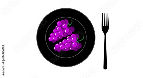 Artistic presentation of grapes on a black plate with a fork on a transparent background with copy space