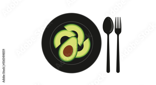 Artistic presentation of avocado slices on a black plate with cutlery on a transparent background with copy space
